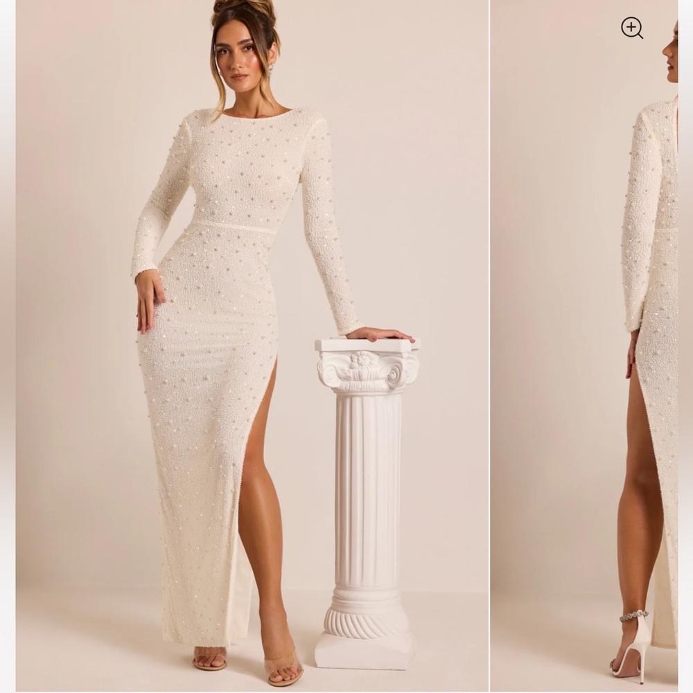 Oh Polly Vienna Embellished Long Sleeve Backless Maxi Dress in White NWT